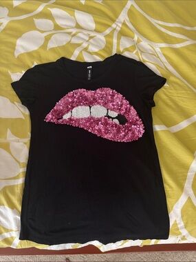 Black Tee with Pink Sequin Lip Applique